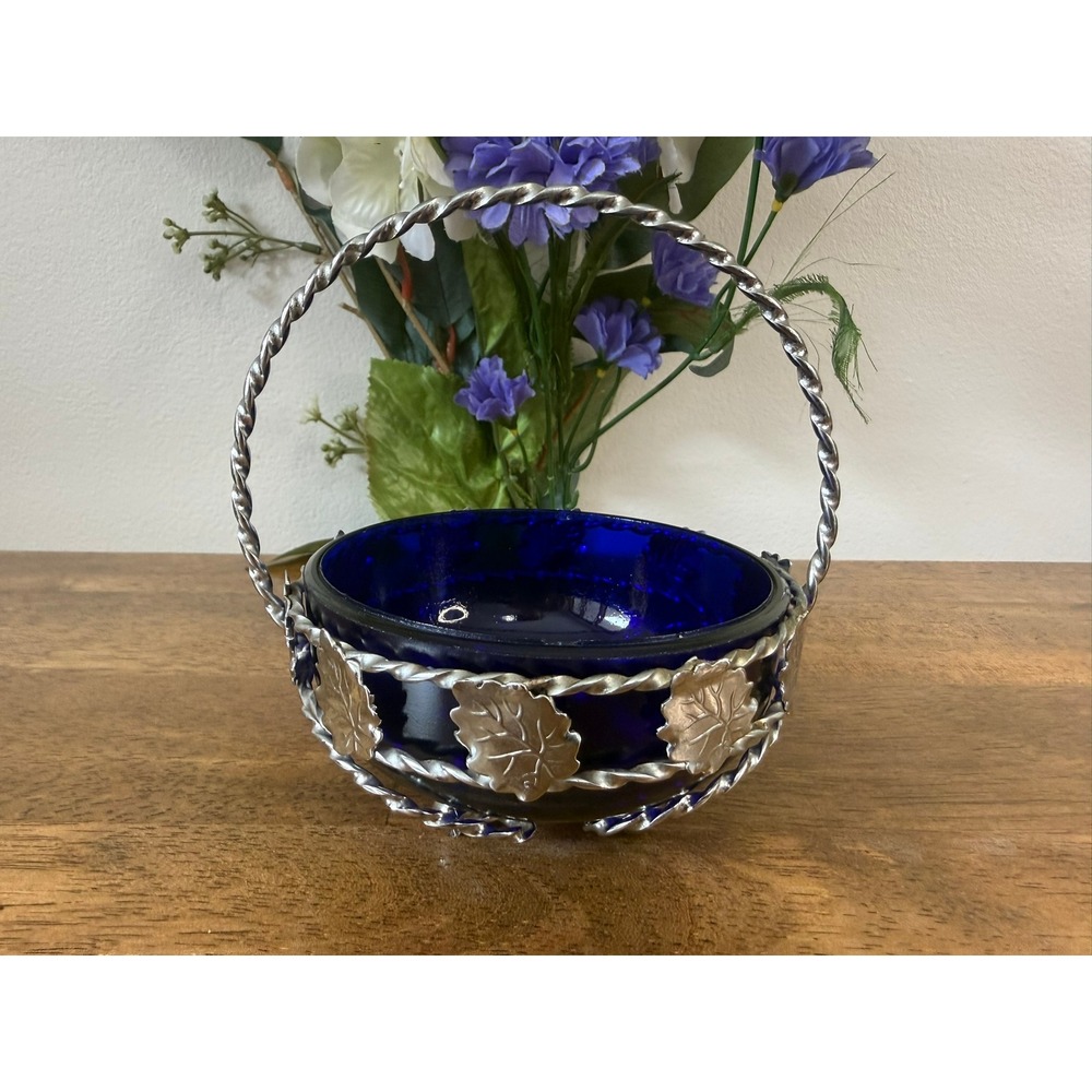 Vintage Cobalt Blue Glass Basket Silver Tone Leaf Holder Candy Dish‎ Decor MCM